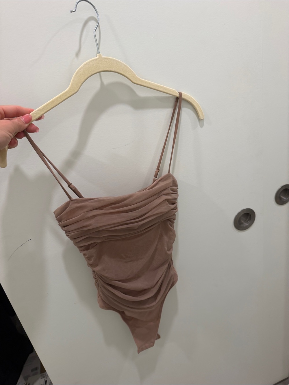 Babaton Ruched Taupe Spaghetti-Strap Women’s Top